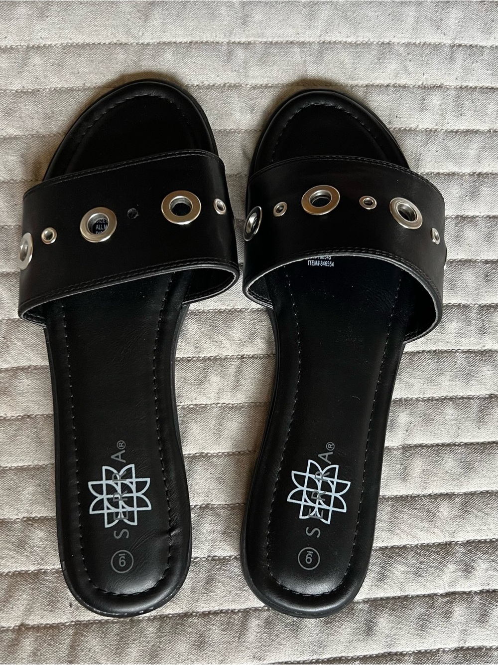 Black Slide Sandals with Silver Eyelet Detail - Women's